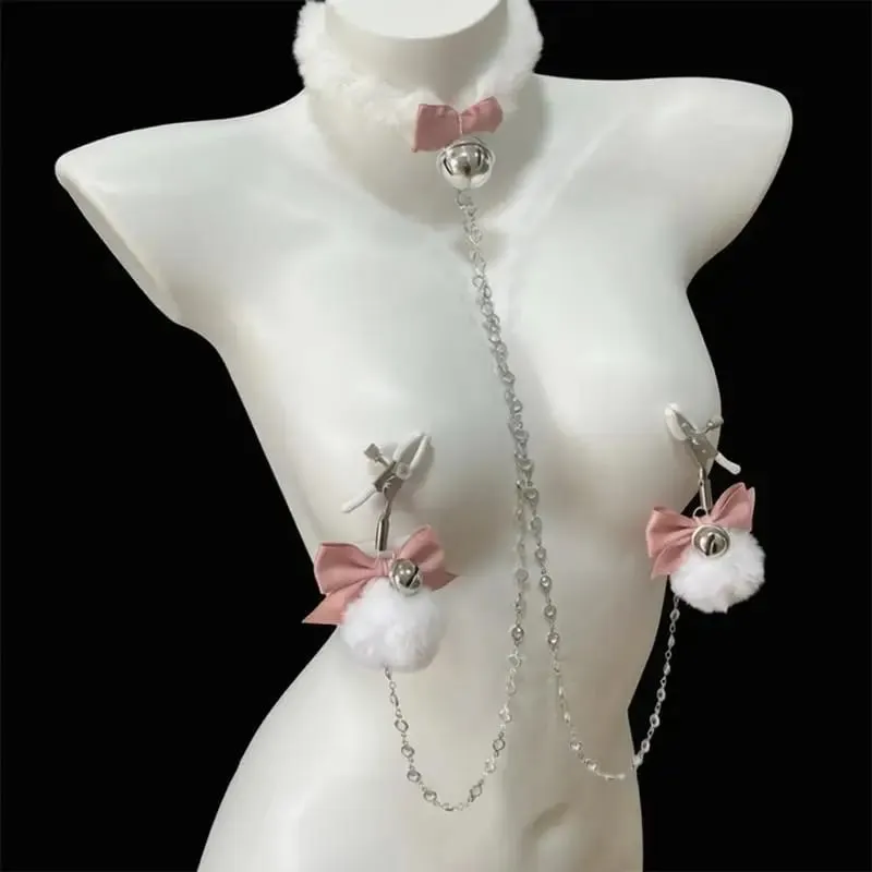 Fuzzy Bow Nipple Clips Bell Collar Body Chain Pink Breast Restraints BDSM Adult Sex Toys For Women