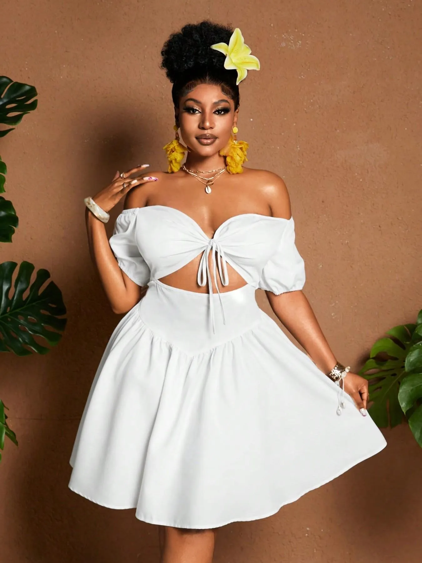 Plus Size Women One-Shoulder Waist-Tie Bubble Sleeve Dress Summer Vacation Style Casual Short Dress Plain Pattern — image 2