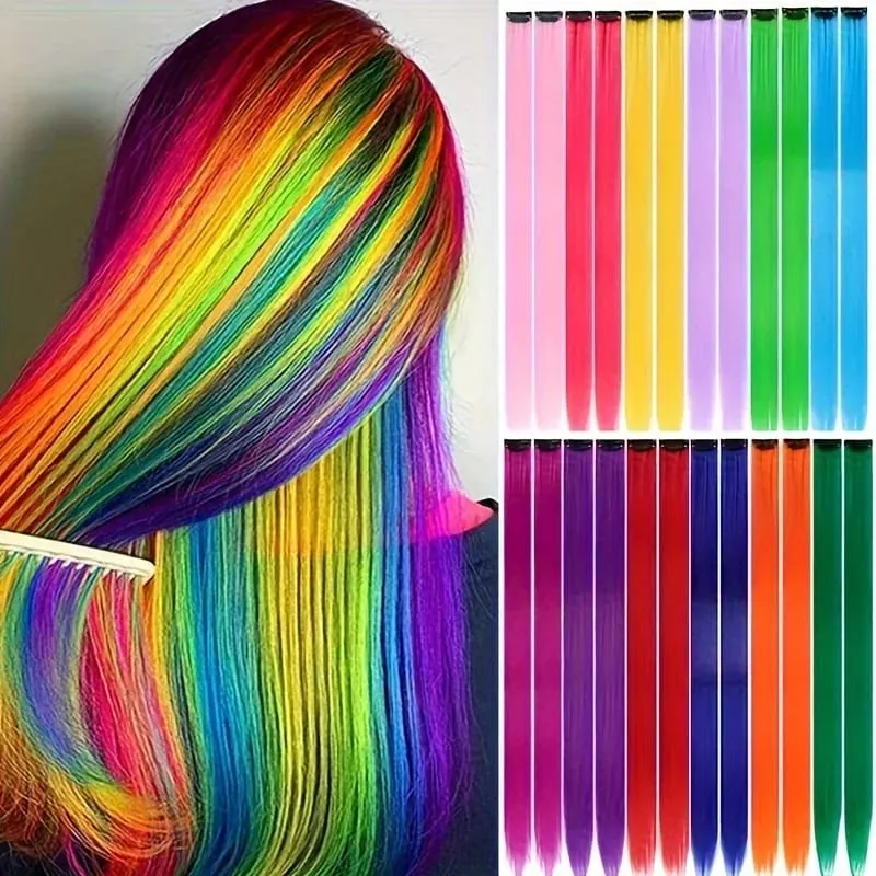 24Pcs/lot Clip in Hair Extensions Multi-Colors Highlights Synthetic Hair 22 inch Rainbow Hairpieces for Girls Women Kids — image 2