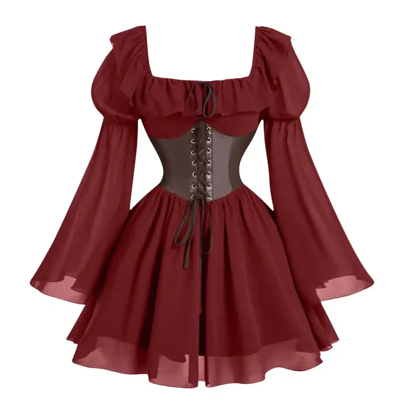 Renaissance Period Medieval New Long Sleeved Women's Bubble Sleeve Dress Halloween Fashion Retro New Party Waist Cinched Skirt — image 12
