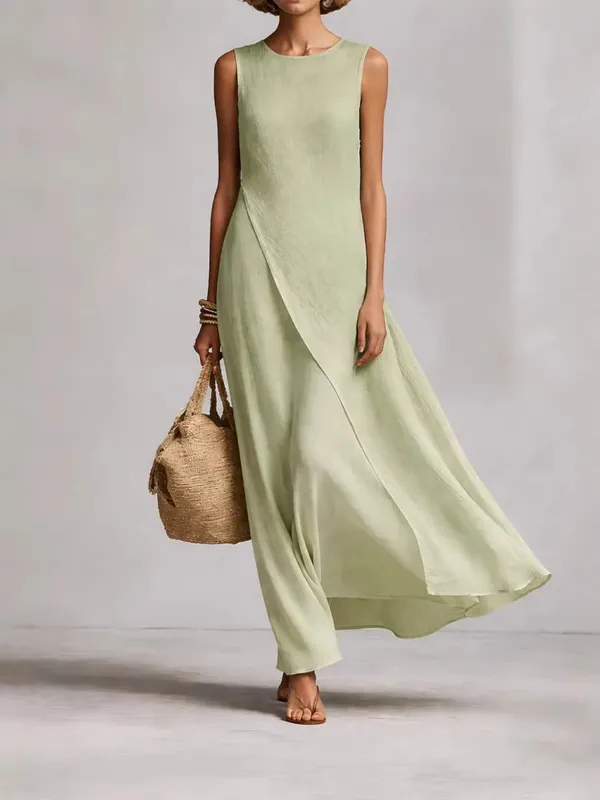 Womens New O Neck Loose Maxi Dress Casual Asymmetrical Hem Long Dresses Elegant Sleeveless Summer Beach Vacation Sundress Female — image 8