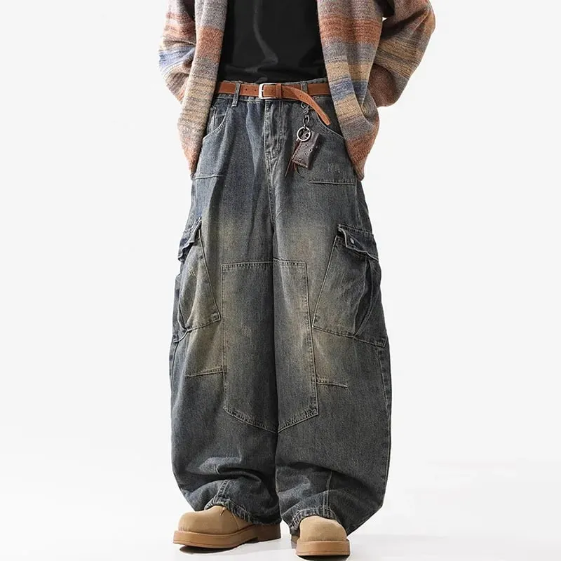 Retro Multi Pocket Curved Knife Jeans Autumn And Winter Vintage Wide Leg Workwear Pants Korean Version High Street Men'S Jeans — image 4