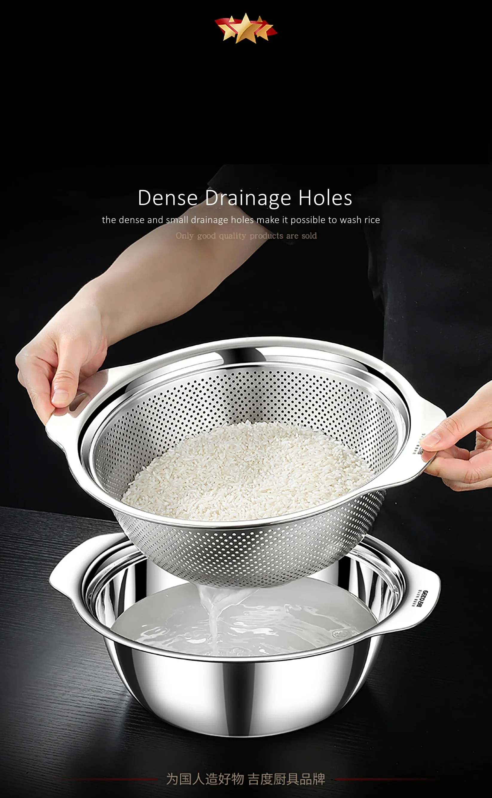 Certificação LFGB 304 Bacia de drenagem de lavagem de cozinha em aço inoxidável 23cm ~ 31cm de diâmetro Coador com furos pequenos densos — image 8