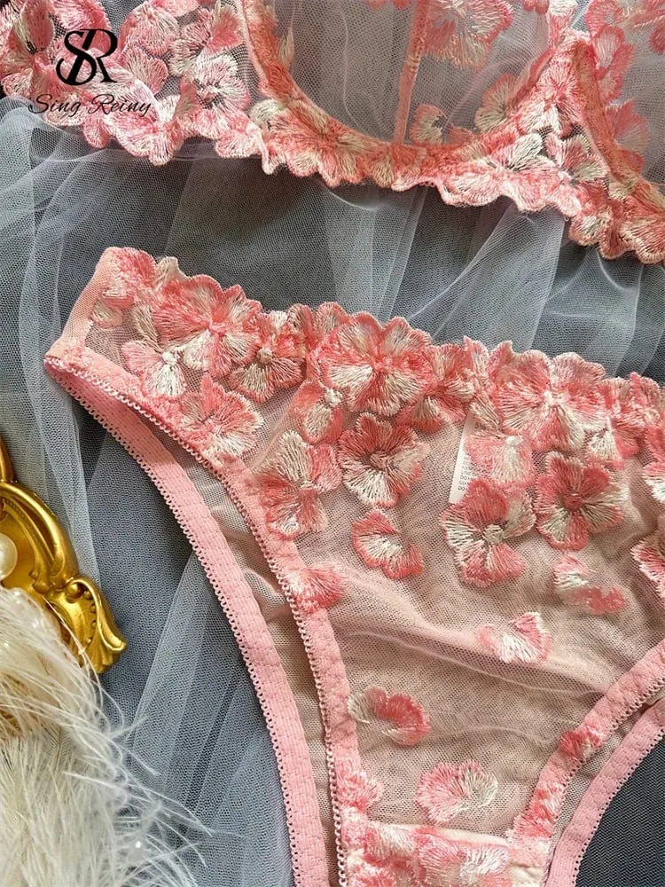 Mesh Sheer Lingerie Tweedelige Pakken Franse Bloemen Seusual Ondergoed Sets Vrouwen Borduren Sexy Bh & Slips Sets — image 6