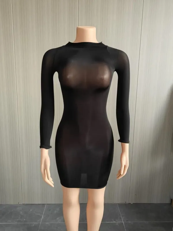 Oil Shiny Seamless Body Stockings Bodycon Mini Dress Women See Through O Neck Long Sleeve High Stretch Silky Glossy Clubwear