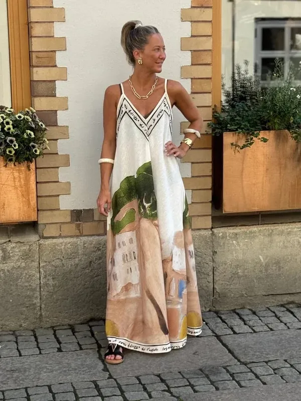 Casual Off Shoulder Hollow Swing Beach Dress Loose Suspender Summer Bohemian Dress Vintage Women V Neck Sleeveless Holiday Dress — image 8