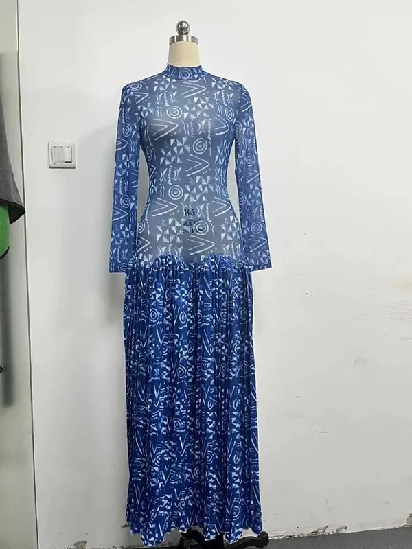 Royal Blue Dress for Women Mid-turtleneck High Waist Transparent Light Long Dress with Sleeves Streetwear Pleated Maxi Dress