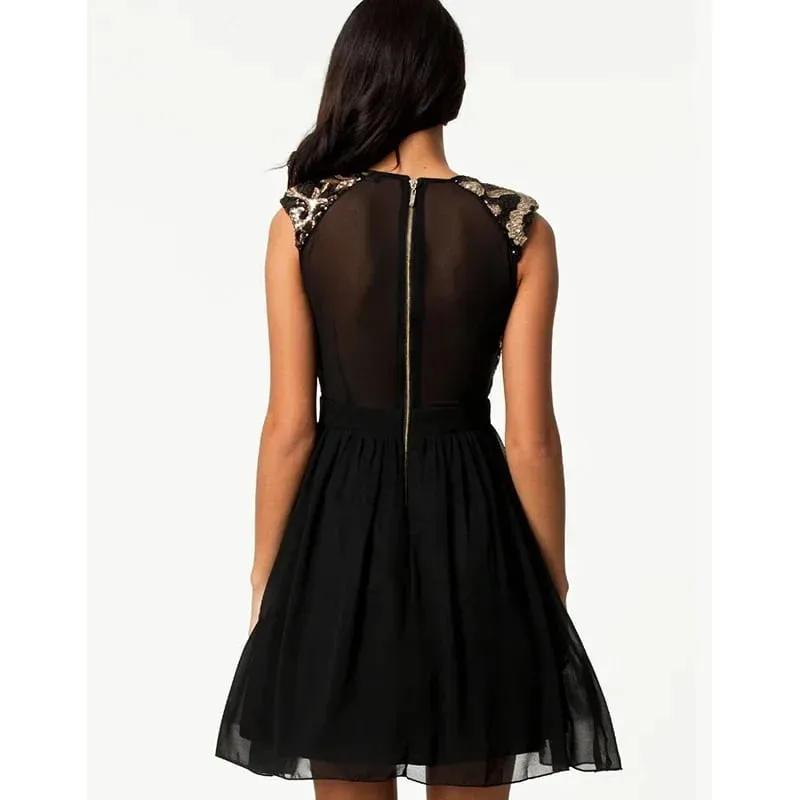 Elegant Vintage Black Mesh Insert Skater Dress Sexy Peplum Dress New Fashion Summer Dress Women Casual Chiffon Dress — image 3