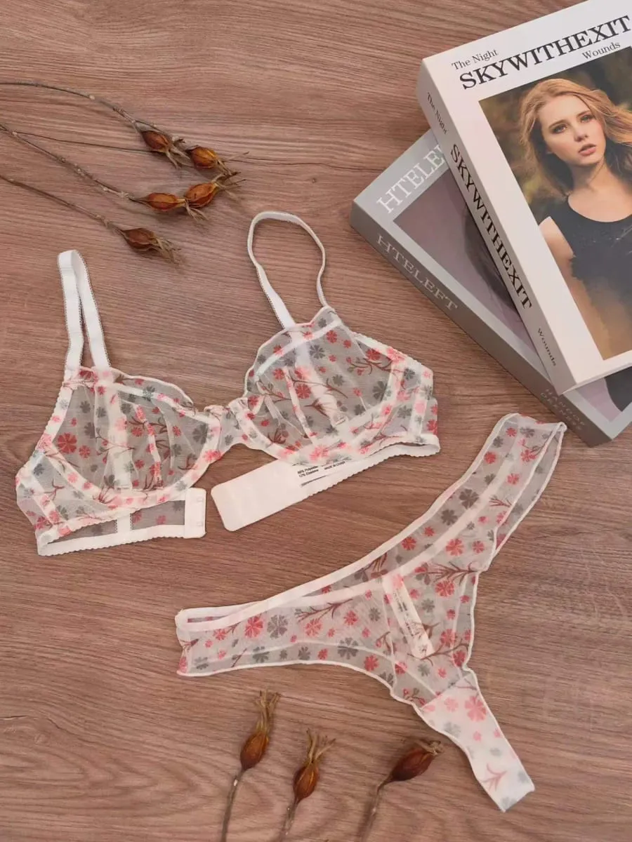 Ultra-thin vintage floral lace underwear large size push up women bra with underpants suit gathering lingerie briefs sets — image 4
