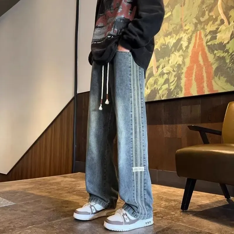 Three bar American retro jeans men's spring and autumn new style high street elastic waist loose casual men's straight leg long — image 3