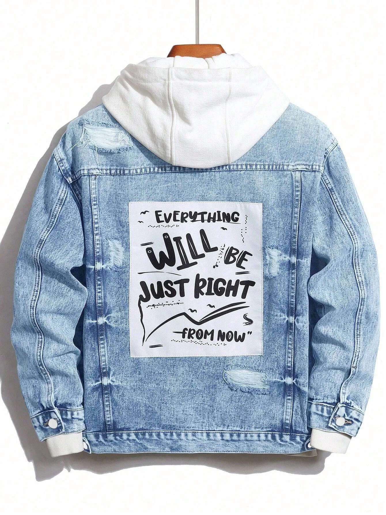 1PC Men's Four Seasons Hot Style Letter Stone Washed Light Blue Flight Jacket Daily American Street Casual Denim Jacket — image 5