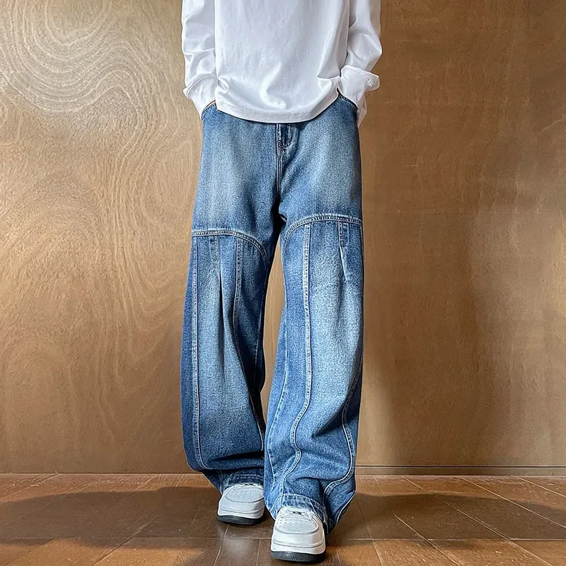 Men's Jeans Man Pants Spring American Retro Patchwork Comfortable Big Size Loose Denim Pants Plus Size Bottoms Stylish Casual