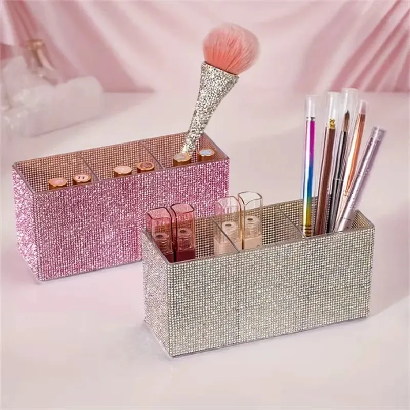 Sparkling Rhinestone Makeup Brush Organizer with 3 Compartment Large Capacity Makeup Brushes Lipstick Comestic Tools Storage Box — image 4
