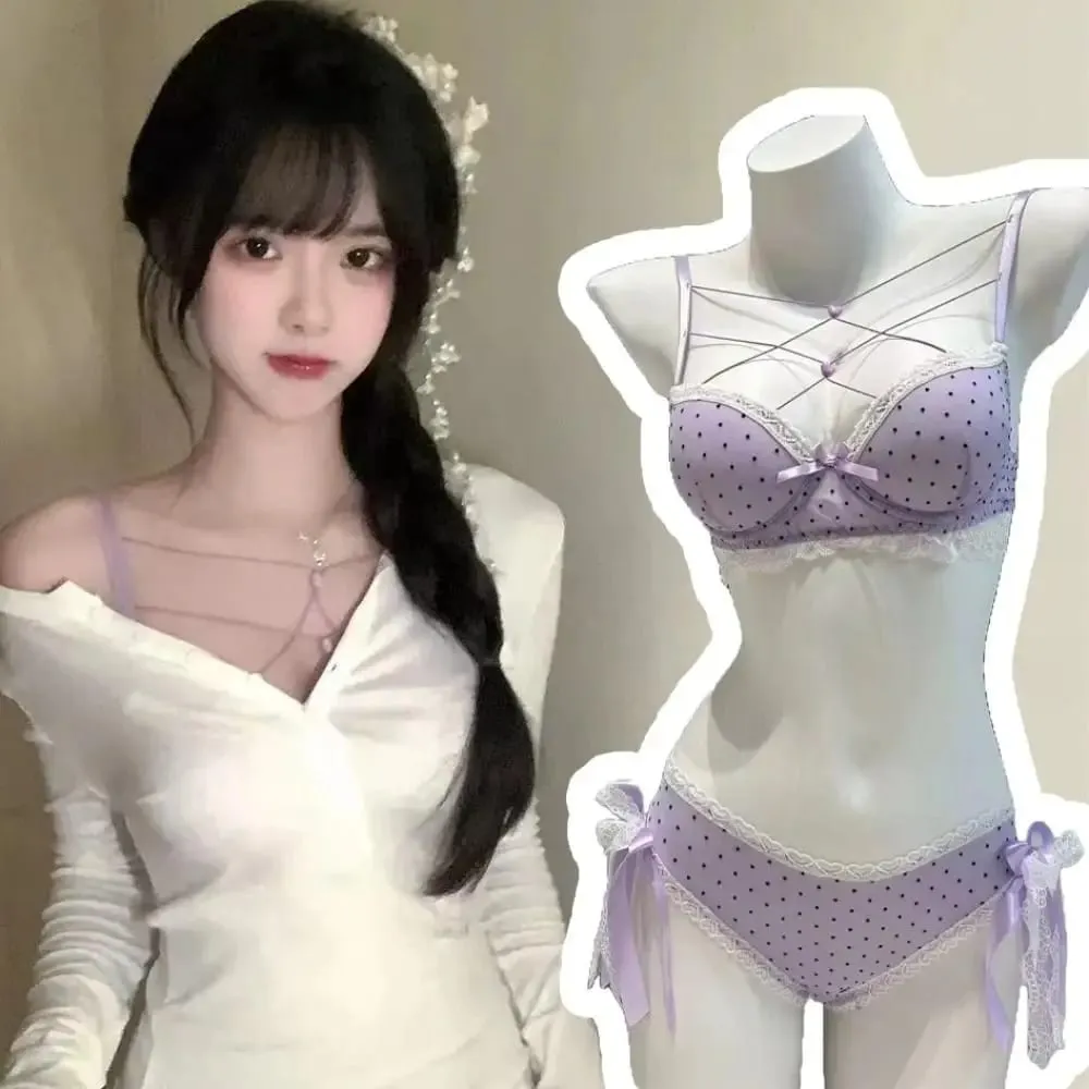 Comfortable Dots Lace Bra Set Love Heart Bowknots Bra Panties Set Lace-up Intimates Push Up Bra Women Romantic Evenings