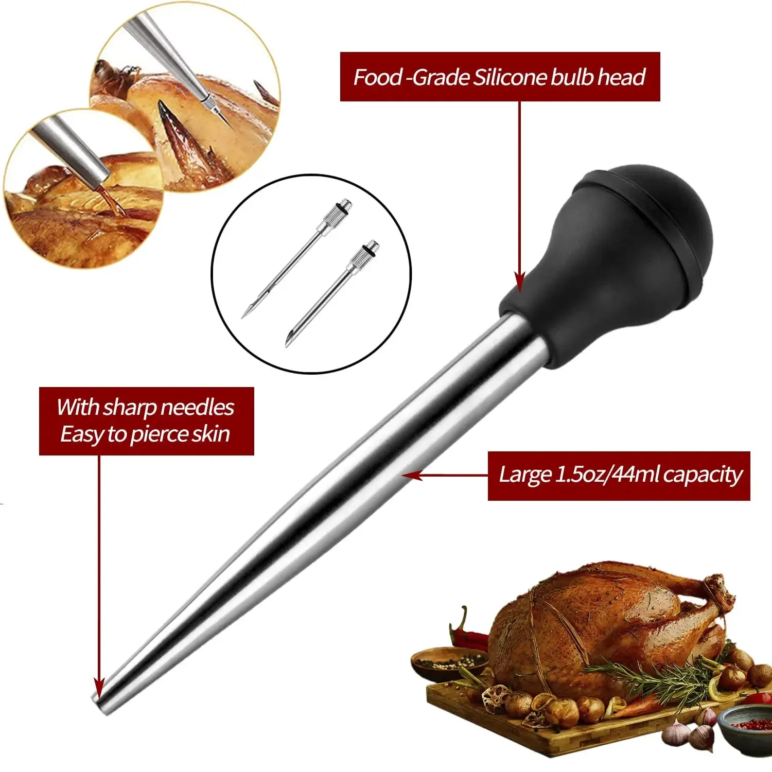 Stainless Steel Turkey Baster for Cooking - Food Grade Meat Injector Syringe & Silicone Suction Bulb With 2 Detachable Needles