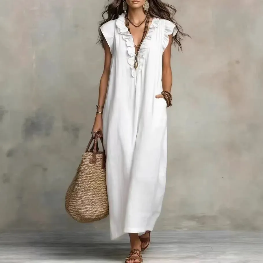 2026 Summer Women Boho Cotton Linen Maxi Dress Solid Color Ruffle V Neck Sleeveless Loose Long Dresses With Pockets Casual Beach