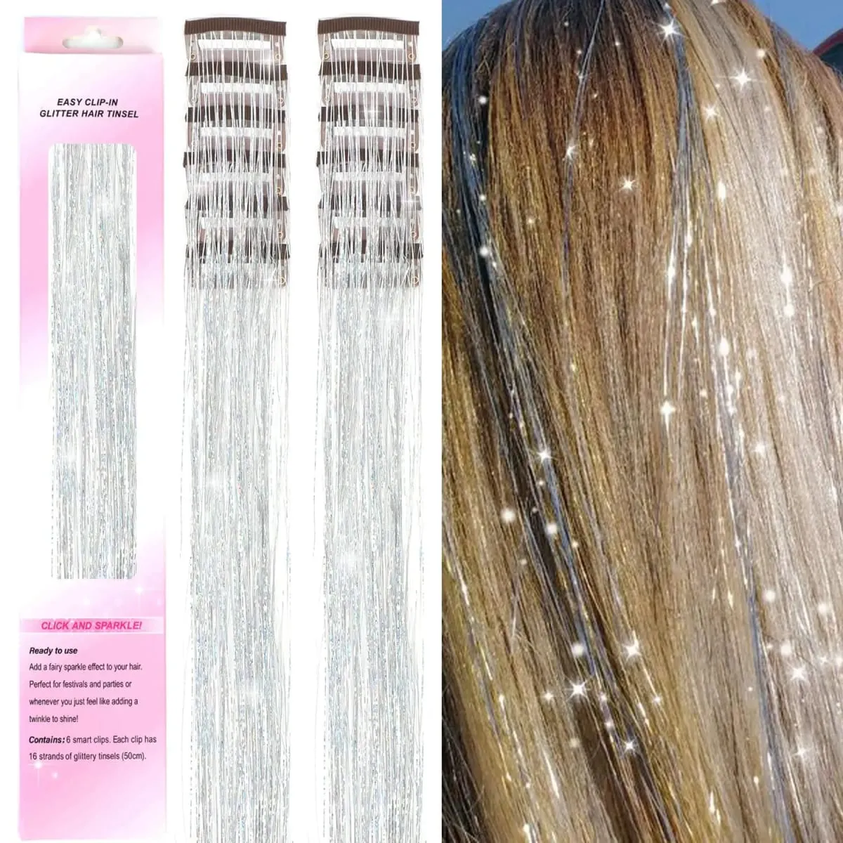 Clip in Hair Tinsel 12Pcs Heat Resistant Sparkly Glitter Fairy Hair Accessories for Girls Women Party Festival Decoration