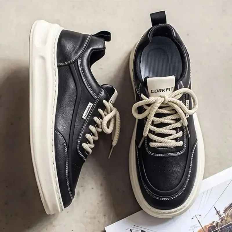 Men Sneakers Spring Summer Casual Board Shoes Smooth Texture Thick Sole Lace Up Minimalist Daily Footwear — image 5
