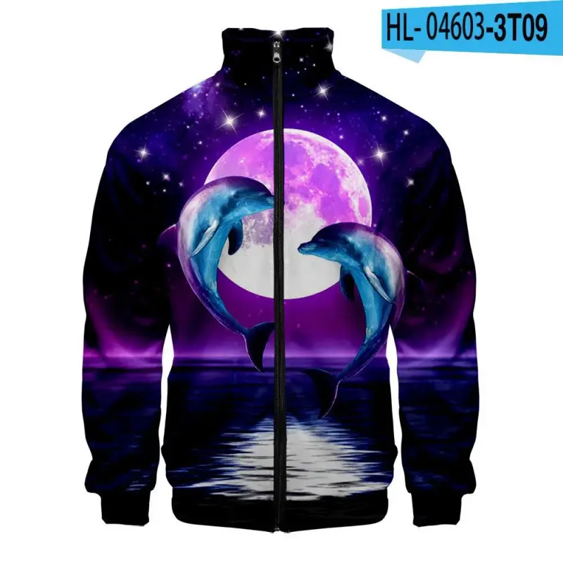 Harajuku Popular Novelty dolphin 3D Print Zipper Raglan Jacket Windbreaker Boys/Girls Comfortable Stand Collar Jackets Coats