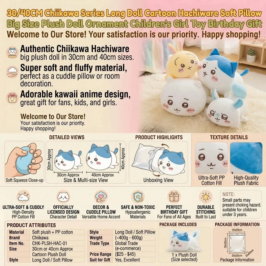 30/40CM Chiikawa Series Long Doll Cartoon Hachiware Soft Pillow Big Size Plush Doll Ornament Children's Girl Toy Birthday Gift — image 9