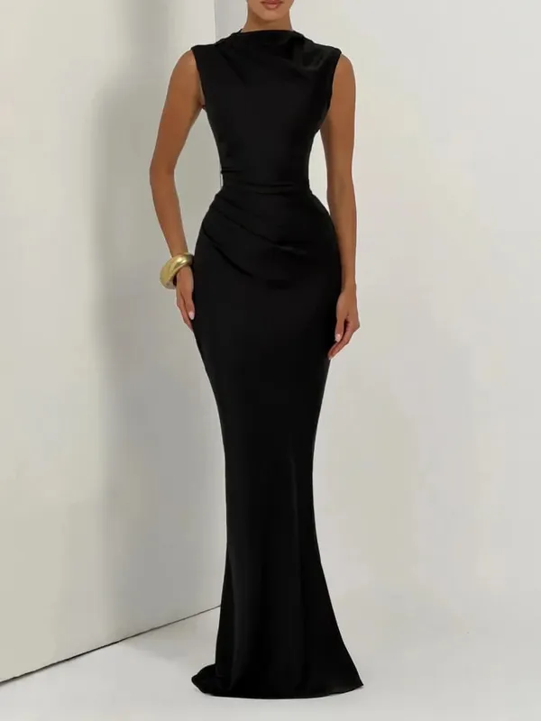 Gaun Halter Berlipat Solid Fashion Wanita Gaun Maxi Belah Punggung Terbuka Tanpa Lengan Cinch Pinggang 2026 Gaun Pesta Wanita Musim Panas Seksi