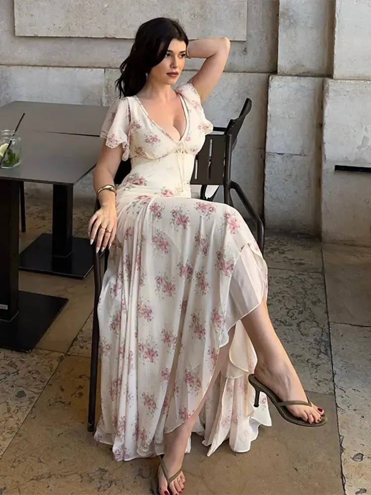 Fashion Women's Dress V-neck Short Sleeve Slim Female Print Floral Dresses 2026 Summer Sexy Elegant Holiday New Party Lady Robe — image 6