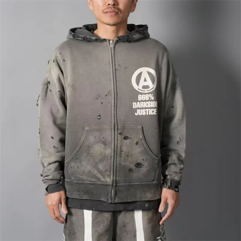 Mx6 × 26SS Zipper Retro Vintage New Letter Print Pocket Distressed Washed Cotton Hooded Sweatshirt Sweater Hoodies For Men — image 8