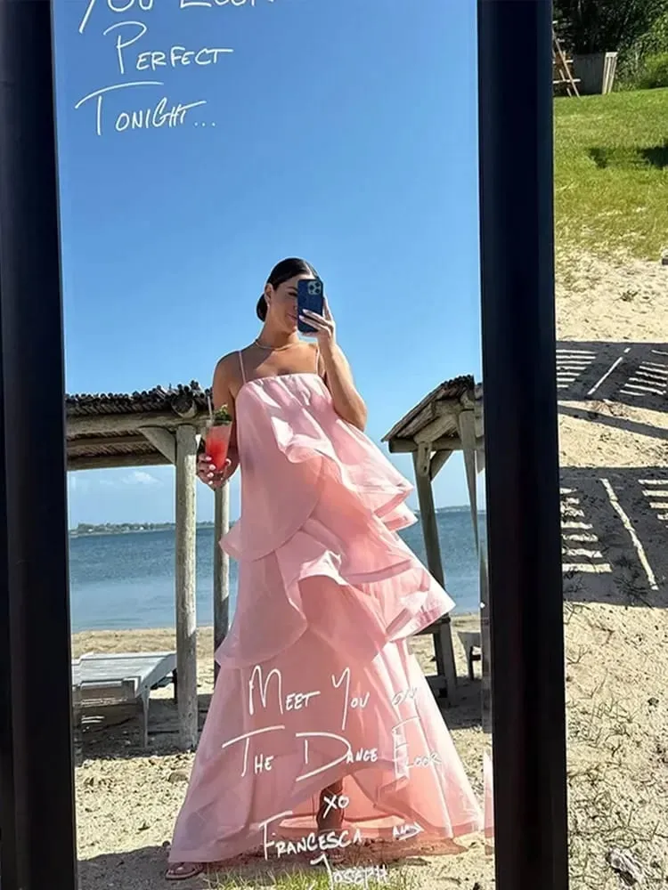 Women Pink Ruffled Strapless Dress Sleeveless Backless Loose Long elegant robes 2025 Lady Vacation Beach Party Evening Gown New — image 3