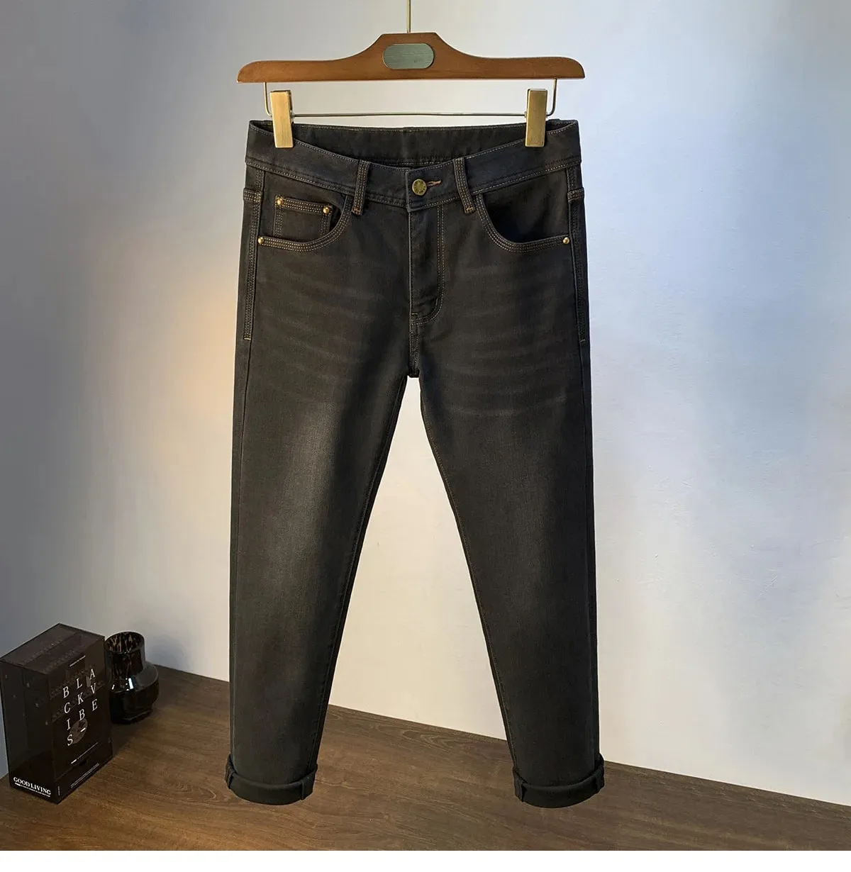 Light luxury high-end fashionable jeans for men in autumn 2025 thick and trendy casual slim fit elastic denim small leg pants — image 9