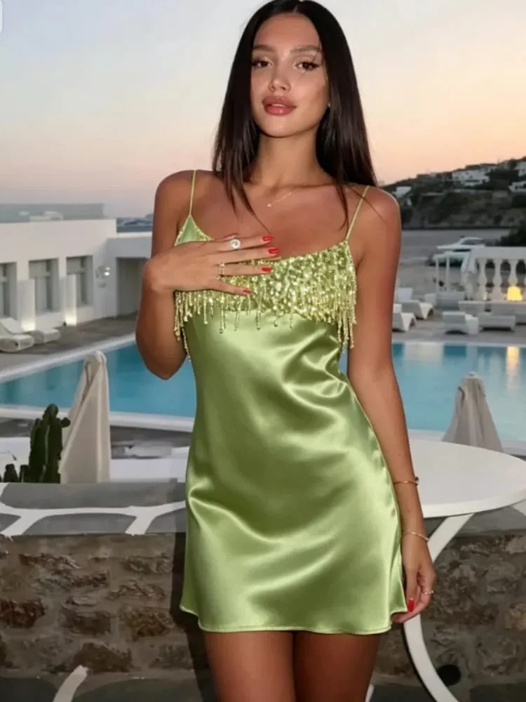 Women Chic Lime Green Satin Slip Skirt Sexy Sequin Fringe Bust Spaghetti Strap Bodycon Mini Dress Summer Party Vacation Wear New — image 2