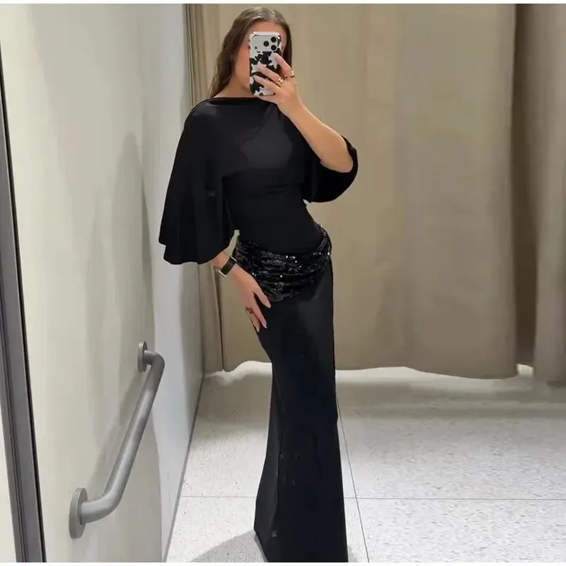 Women Backless Sequin Patchwork Maxi Dress Elegant Wide Sleeve Long Gowns Feminine New Fashion Evening Party Daily Robes — image 4