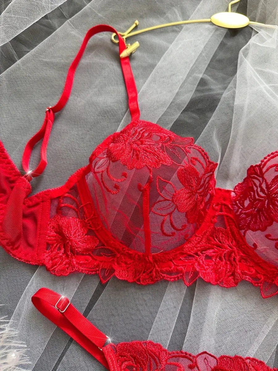 A1 Sexy Red Floral Embroidery Sheer Lace Lingerie Set S-XL Women See Through Mesh Bra Thong 2Pcs Romantic Valentine Intimates — image 6