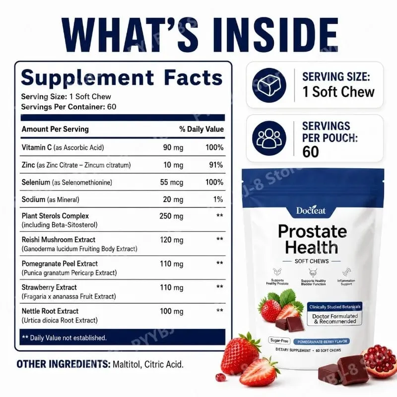Men's Daily Prostate Health Supplement – Plant Sterols Beta-Sitosterol Zinc Vitamin C Selenium 60 Soft Chews Pomegranate-Berry