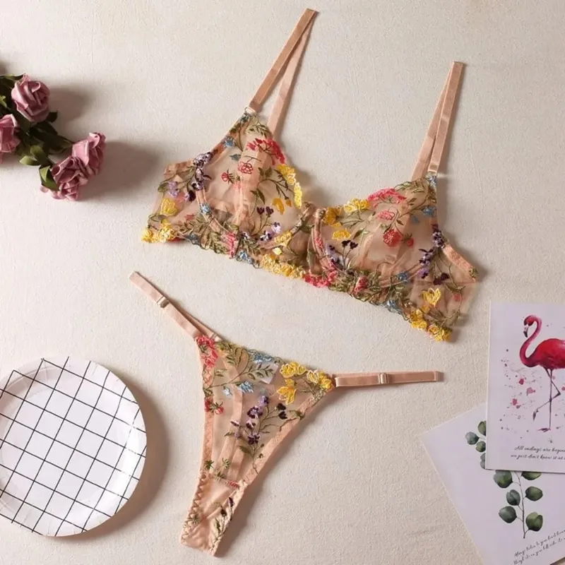 2-Piece Versatile Floral Lingerie Set Embroidery Sheer Women Underwear Boho Bra Panty Set — image 8