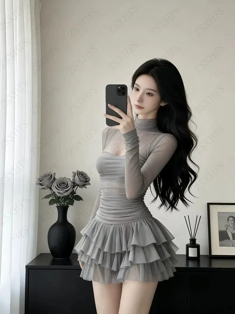Korea Kawaii Sexy Dresses Punk Aesthetic 2000s Summer Sexy Girl Gentle Dress Chiffon Perspective Trendy Slim Tiered Short Dress — image 5