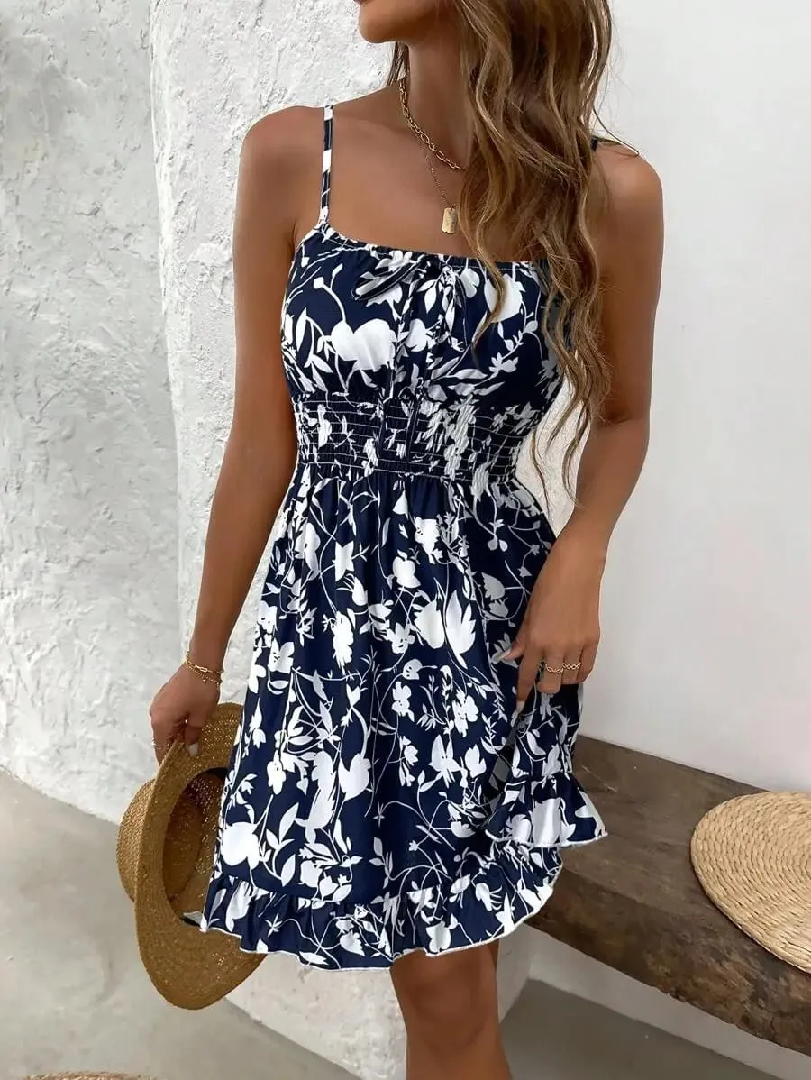 Vintage Floral Print Tie-Up Slip Dress Flattering Versatile Beach Resort Style Mini Dress Dressed in Party — image 6