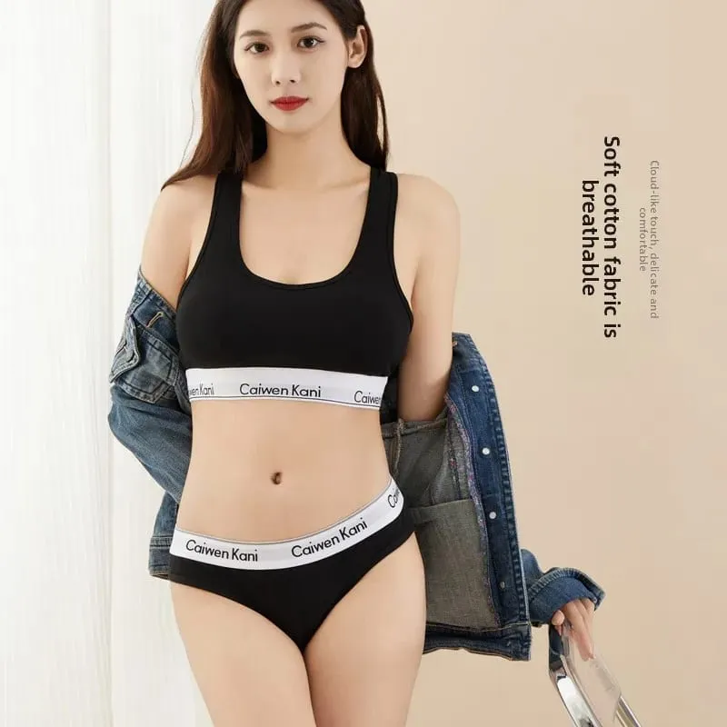 Pure Cotton Wireless Bra Set Sexy Gathered Women's Underwear Triangle Panty Comfortable Breathable Eco-Friendly Cotton Bra — image 3