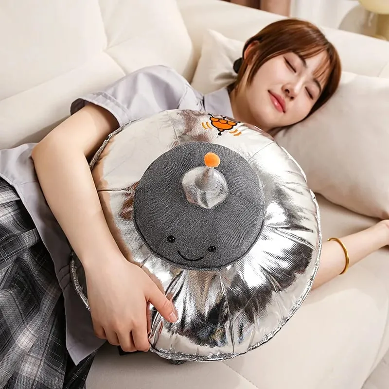 Cute UFO Plush Pillow Silver Metallic Flying‑Saucer Stuffed Toy Soft Alien Spaceship Plush Cushion Space‑themed Home Decor Gift — image 5