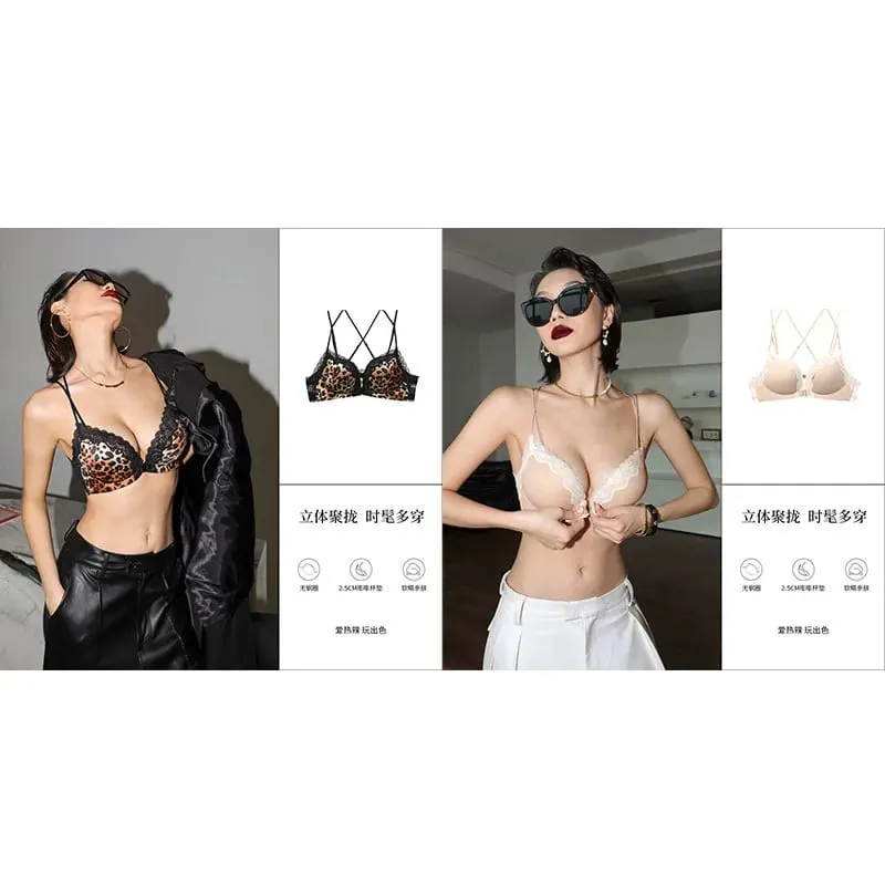Victoria Style MOYISU Pink Leopard Wireless Bra Set Front Hook Design Push Up Bralette Sexy Back Lingerie To Boost Small Bust — image 19