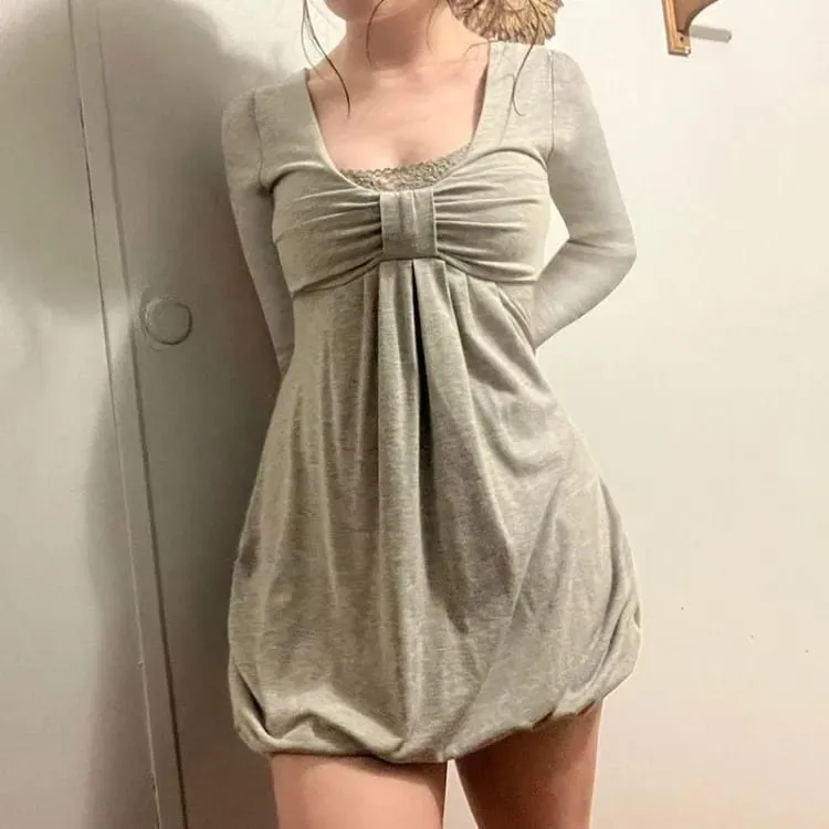 Elegante zoete strik patchwork nep tweedelige jurken sexy vierkante kraag jurk voor vrouwen lange mouwen losse vestidos femininos — image 2