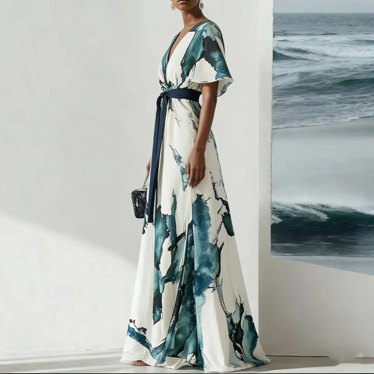 Watercolor Printed Elegant Fashion Short-sleeved Maxi Dress for Women 2026 Summer V-neck Lace-up Pleated Party Dresses Female — image 3