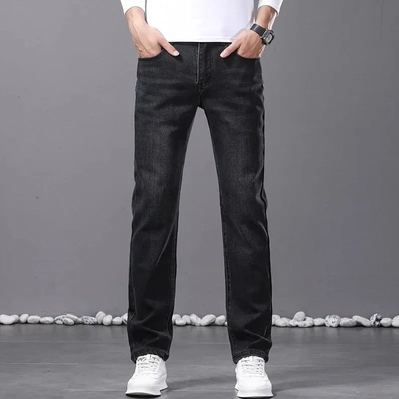 Printemps nouveaux hommes jean droit confortable élastique décontracté affaires travail pantalon rétro bleu mode coupe lavé Denim pantalon — image 6