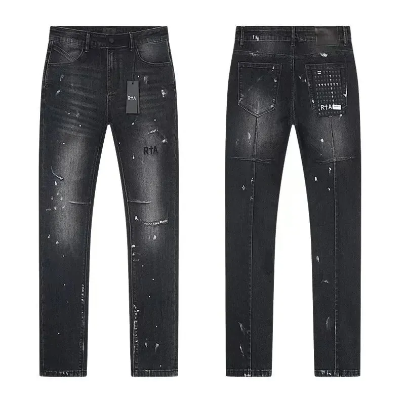 2026 RTA Men's Slim Fit Jeans Collection Distressed Ripped Paint Splatter Studded Patch Vintage Washed Streetwear Fashion Pants — image 12