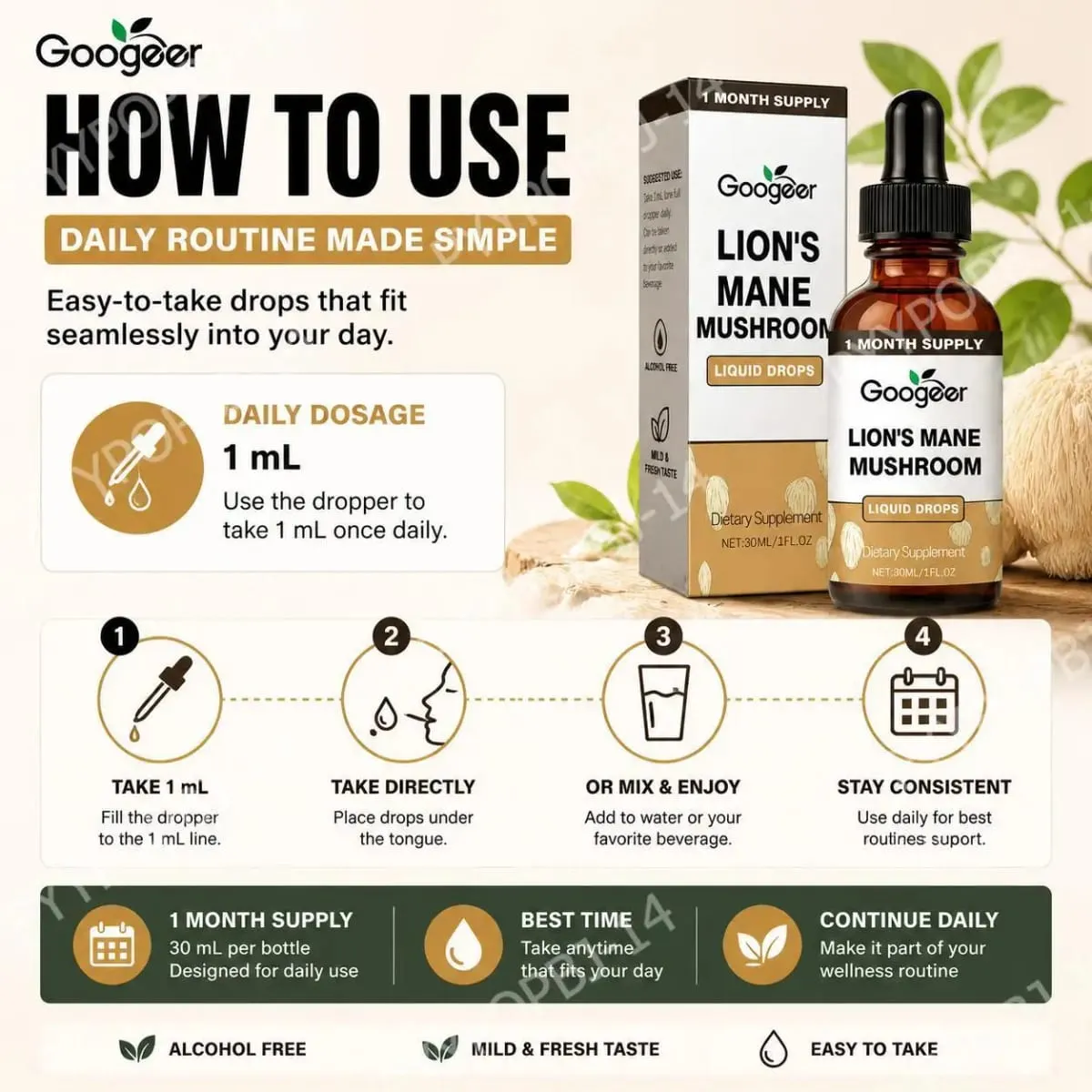 Googeer Lion's Mane Mushroom Liquid Drops Memory and Focus Support for Cognitive Clarity Mental Agility Alcohol-Free 30 ML