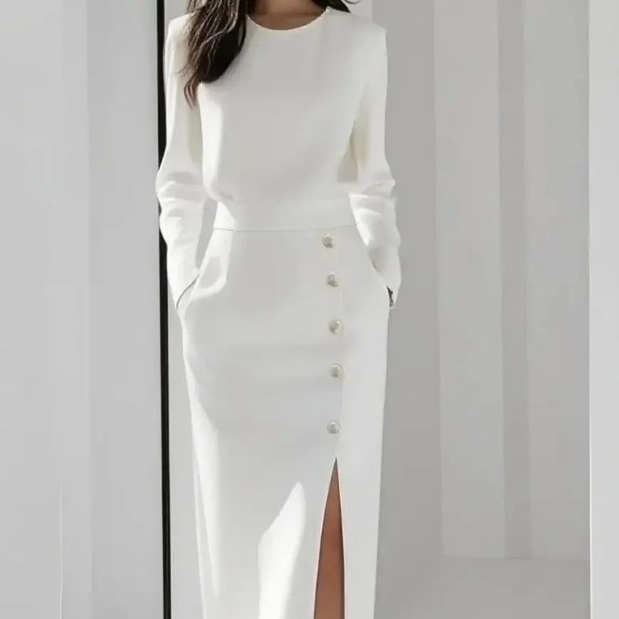 Women's Solid Color Long Sleeves Elegant Midi Dress with Button Details and Side Slit - Crew Neck — image 3