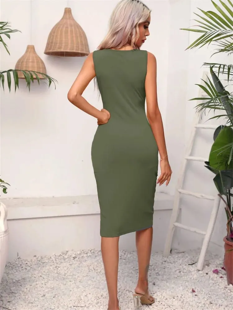 Women Spring Summer Style Dress Lady Casual High Elastic Sleeveless Solid Color Split Sheath Dress DF5011 — image 2