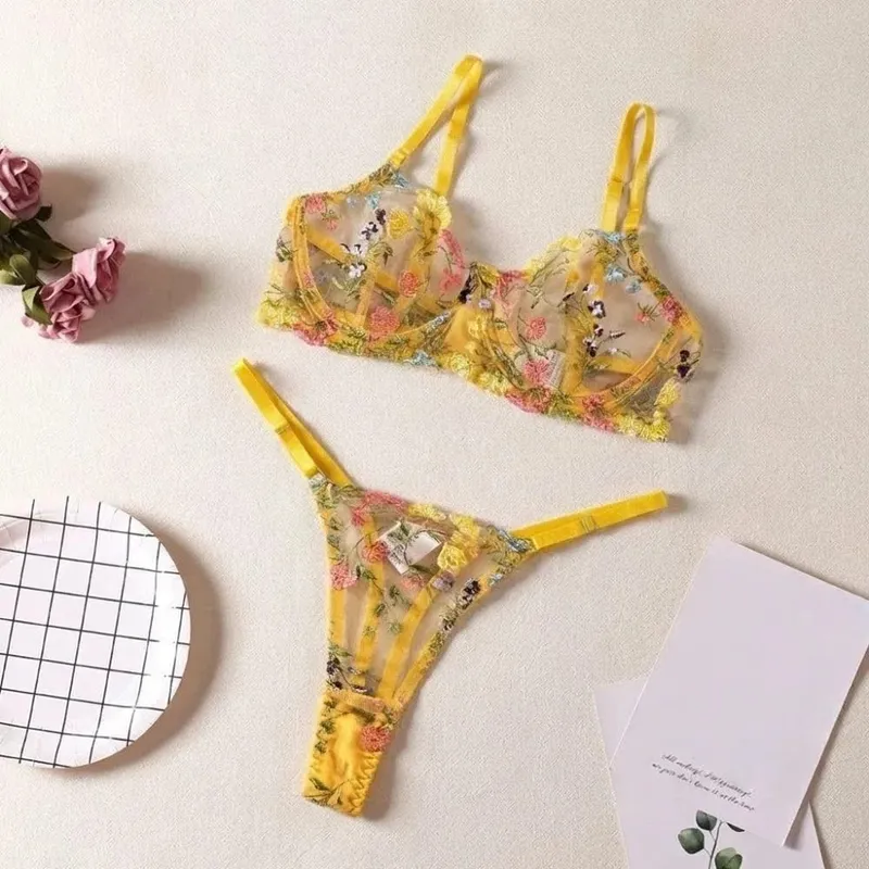 2-Piece Bohemia Floral Lingerie Set Sheer Embroidery Underwear Intimates Underwire Push-up Versatile Bra Panty Set For Lady Girl