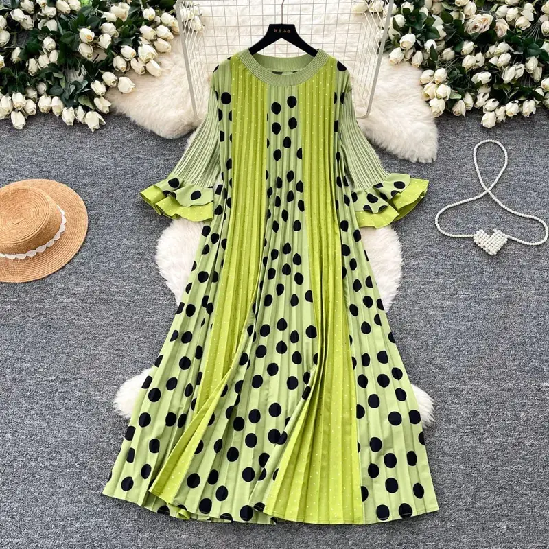 Miyake Pleated Polka Dot Dresses 2026 Summer Flared Sleeves Round Neck Fashion Pleated Long Dress Women Draped Elastic Clothing — image 7