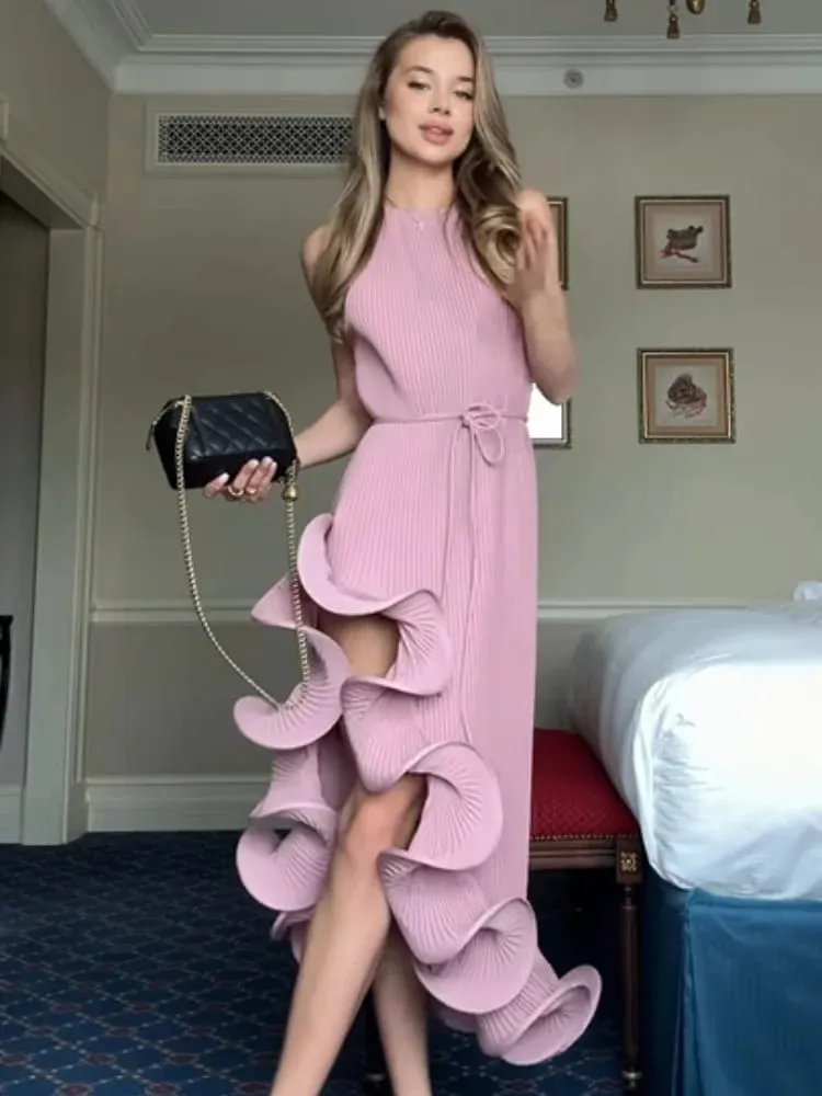 Elegante abito irregolare con volant al collo da donna Chic senza maniche con spalle scoperte Abiti longuette con lacci 2026 Abiti da sera da donna — image 2