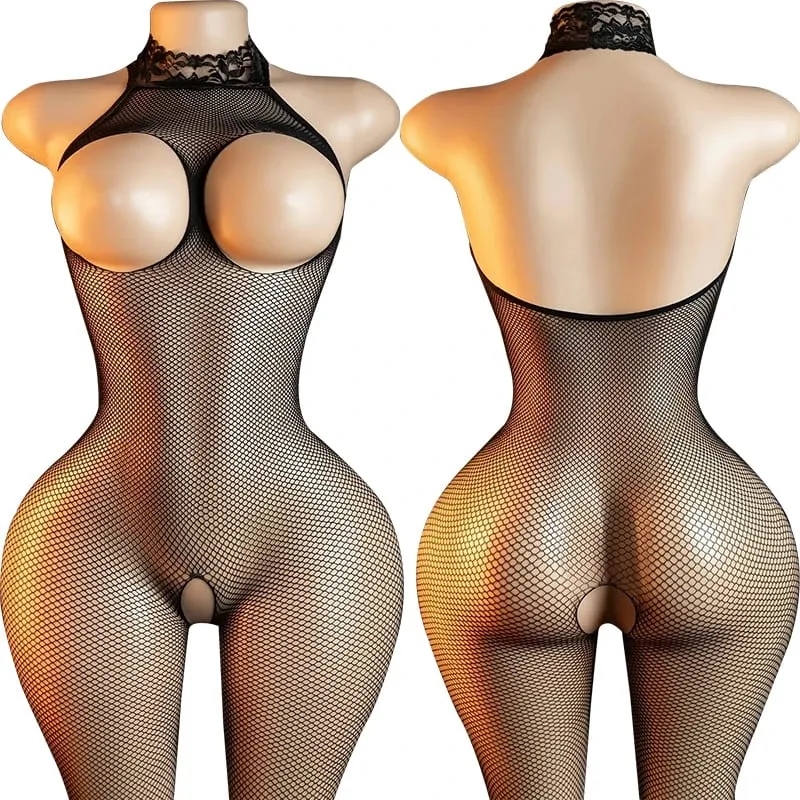 Black Fishnet Off-Shoulder Open-Crotch Bodystocking Lingerie Set Sexy Crotchless Teddy Bra Women's Erotic Underwear — image 18